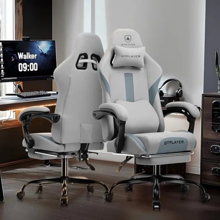 GTPLAYER Gaming-Stuhl Ergonomischer Gaming Sessel Schreibtischstuhl Gamer Stuhl aus Stoff, Federsitzkissen mit Fußstütze – Bild 4