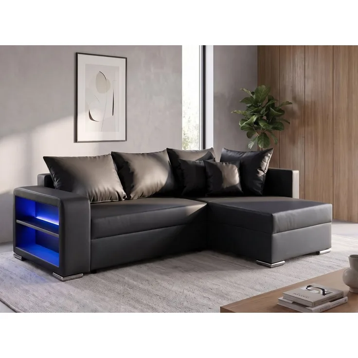 COLLECTION AB Ecksofa John L-Form, B: 226 cm, Schlaffunktion & Bettkasten, Regalelement mit Licht, Couch mit Federkern, 2 Zierkissen
