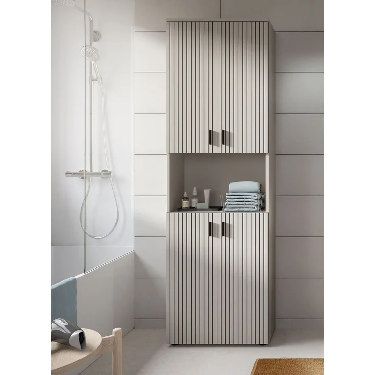 xonox. home – Badschrank Mone 60 x 192 x 30 cm in Kaschmir Nb – Breiter Hochschrank mit 4 Türen, 8 Fächern & offenem Fach – Maximaler Stauraum für Badutensilien, geradlinig & hochwertig verarbeitet – Bild 6
