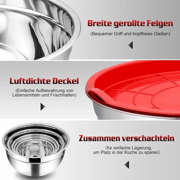 Homikit Edelstahl Rührschüssel Set 5 Stück mit Deckel für Küche 4.5 L / 2.7 L – Bild 3