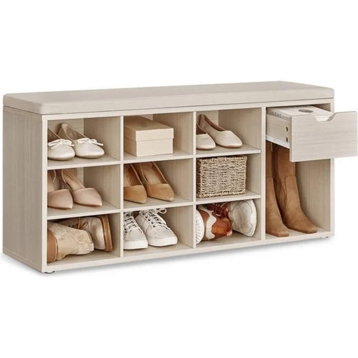 Vasagle Schuhbank, Schuhregal mit Schublade und offenen Fächern, Sitzbank, gepolsterter Sitz, Flur, Schlafzimmer und Eingangsbereich, 30 x 104 x 48 cm, naturbeige-cappuccinobeige LHSDE024K03 – Bild 1
