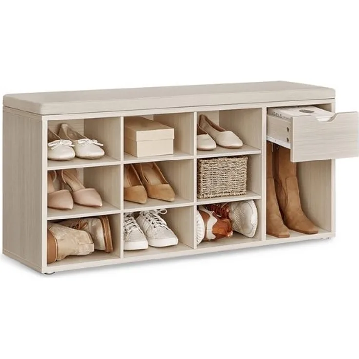 Vasagle Schuhbank, Schuhregal mit Schublade und offenen Fächern, Sitzbank, gepolsterter Sitz, Flur, Schlafzimmer und Eingangsbereich, 30 x 104 x 48 cm, naturbeige-cappuccinobeige LHSDE024K03
