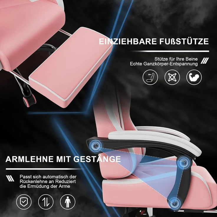 Devoko Massage Gaming Stuhl, Computer Bürostuhl mit Fußstütze, Racing Gamer Stuhl 150kg Belastbarkeit, 90-135° Rückenlehne einstellbar Ergonomischer PC Stuhl, 360° drehbar, Rosa – Bild 8