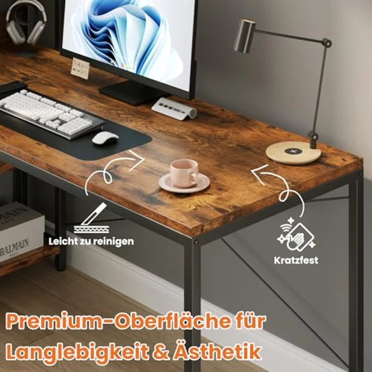 Sweetcrispy Schreibtisch mit Seitlichem Regal & Verstellbaren Füßen, 120 cm breiter Bürotisch, Starker Computertisch mit Ablagefläche, Einfacher Montage, vintagebraun – Bild 7