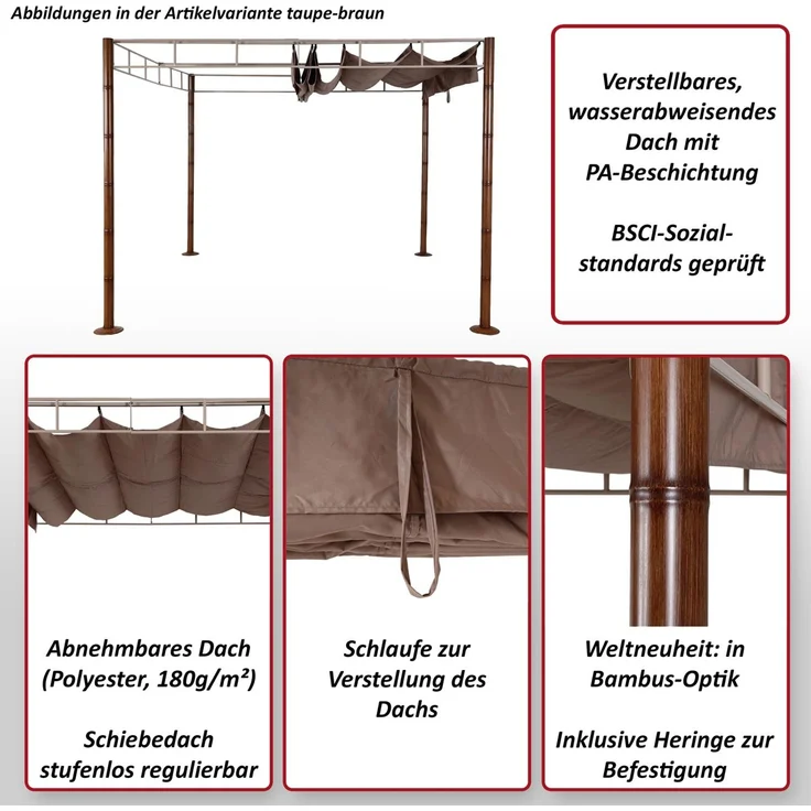 Mendler 'HWC-L42' Pergola, stabiles 7cm-Metall-Gestell taupe / braun, 3x3 m – Bild 2