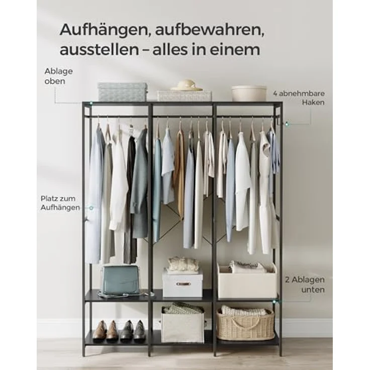 SONGMICS Kleiderschrank offen, Kleiderständer, Garderobenständer, Garderobe mit Kleiderstange, Ablagen, abnehmbare Haken, 40 x 141 x 180 cm, ebenholzschwarz RGR005B56 – Bild 5