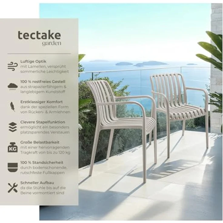 tectake® Gartenstühle stapelbar, Gartenmöbel Set, Balkon Möbel, Bistro Set, Sessel, Outdoor Möbel, Balkonmöbel, Terrassenmöbel - Taupe, 6er Set – Bild 5