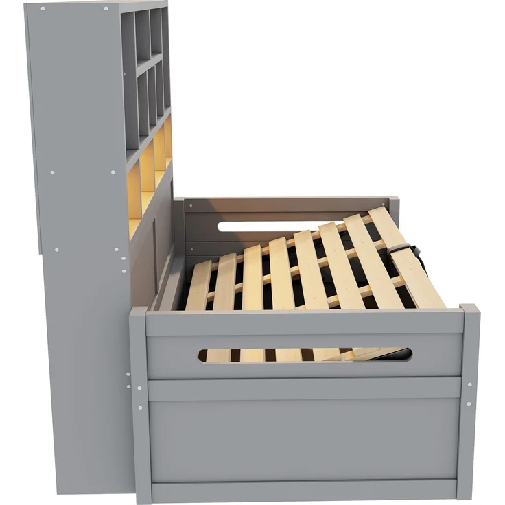 Schlafsofa aus Holz, 90 x 200 cm, Multifunktionaler Stauraum mit LED-Beleuchtung, Hydraulisches Staufach, Einzelbett, Jugendbettgestell mit Steckdosen, Grau – Bild 10