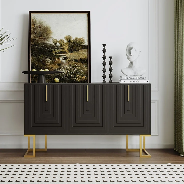 Merax Modernes 3-türiges Sideboard mit verstellbaren Regalen, U-förmigen Schranktüren und Metallgriffen und Sockel für Esszimmer und Küche (Schwarz) – Bild 1