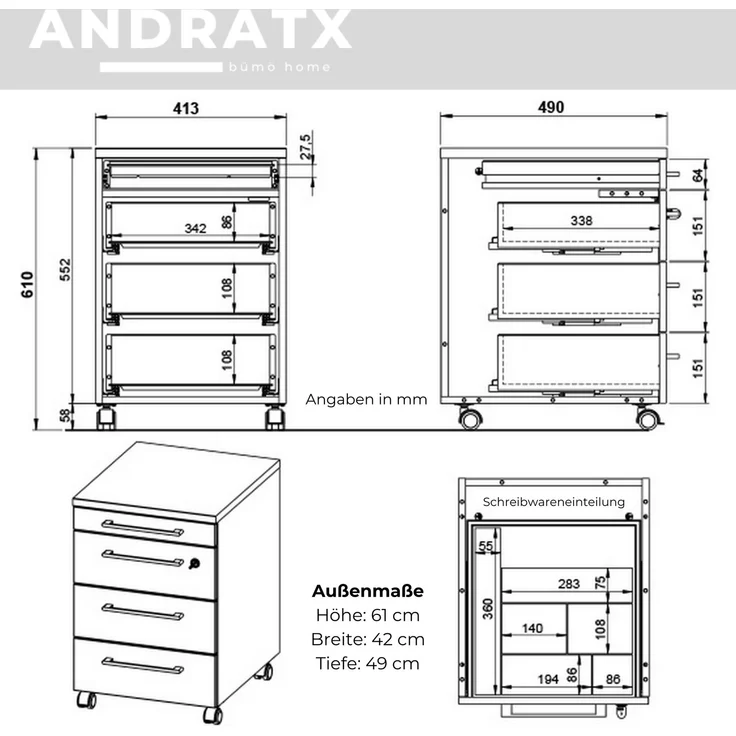 bümö Andratx Rollcontainer mit Schubladen, Container abschließbar aus Holz in grau - Rollwagen für's Büro als Schreibtisch Unterschrank, Bürocontainer od. Schreibtischcontainer, AXRC-69 – Bild 6
