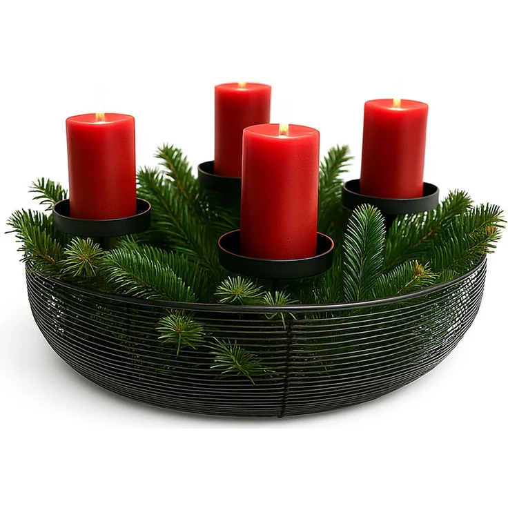 BURI Adventskranz Metallschale Schwarz Ø 36 cm | Moderner Adventskranz aus Drahtgeflecht mit 4 Kerzenhaltern | Adventskorb | Stilvolle Weihnachtsdeko – Bild 5