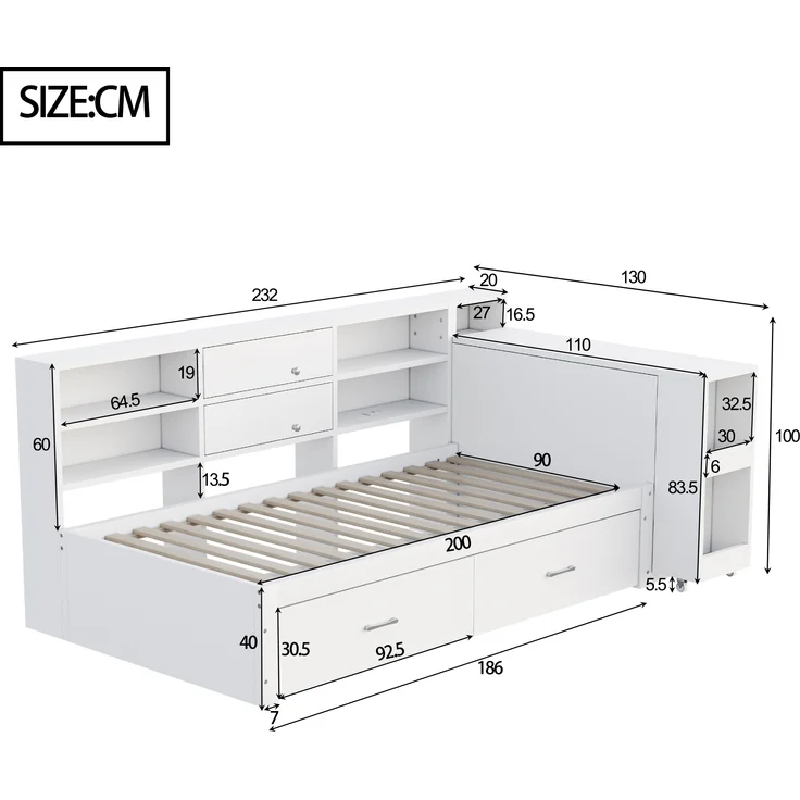 Holzschlafsofa, multifunktionaler Stauraum, verdeckte Staufächer und Regale, 2 große Schubladen, Steckdose, ausziehbarer Schreibtisch, Einzelbett, Jugendbett, Holzbett, Holz, Weiß, 90×200 cm – Bild 7