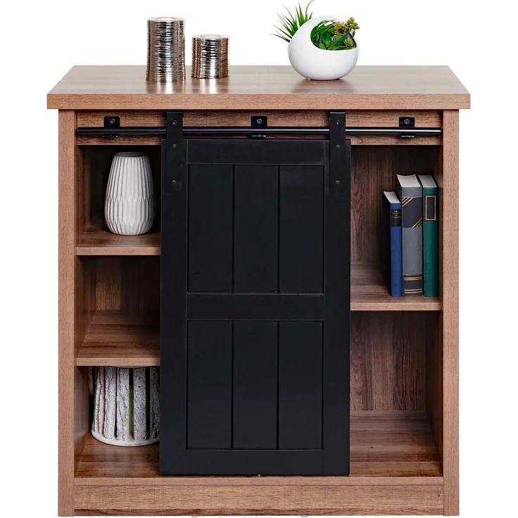 Kommode HWC-K75, Schrank Regal, Schiebetüre 5 Staufächer, Holz-Optik Industrial Metall 84x80x40cm ~ braun