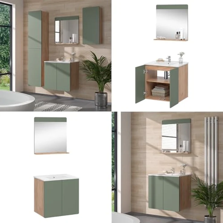 Vichy Badmöbel-Set Izan, 3 Teile in Goldkraft Eiche/Grün mit Spiegelschrank und Beleuchtung – Bild 7