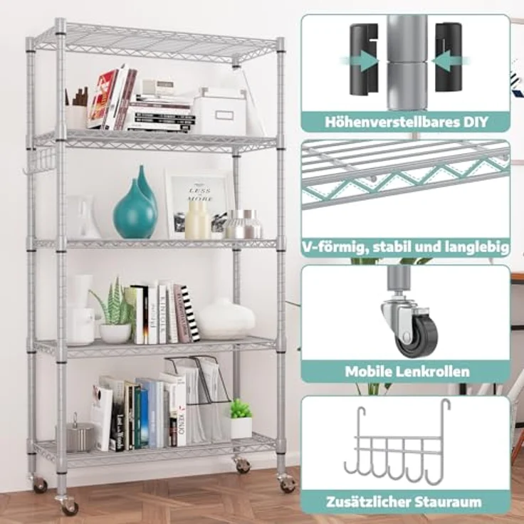 Regal mit 5 Regalböden und Rädern, Robustes Metalldrahtregal mit Haken, höhenverstellbar, für Badezimmer, Küche, Garage (76 x 35 x 158 cm), Silber – Bild 7