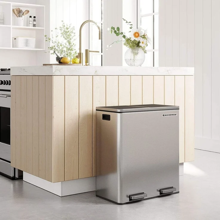 Songmics Mülleimer mit 2 Fächern und Softclose, luftdicht inkl. Müllbeutel, Metall, 60 (2x30) Liter, Silber – Bild 4
