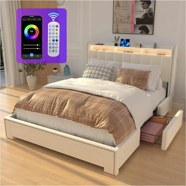 oyajia Polsterbett LED-Beleuchtung Doppelbett 140x200 cm mit Ladefunktion und 3 Schubladen (Mit Lattenrost und Ladefunktion, Samt materia Polsterbett), Funktionsbett Stauraumbetten Jugendbett Bettgestell Leises Design Bett – Bild 5