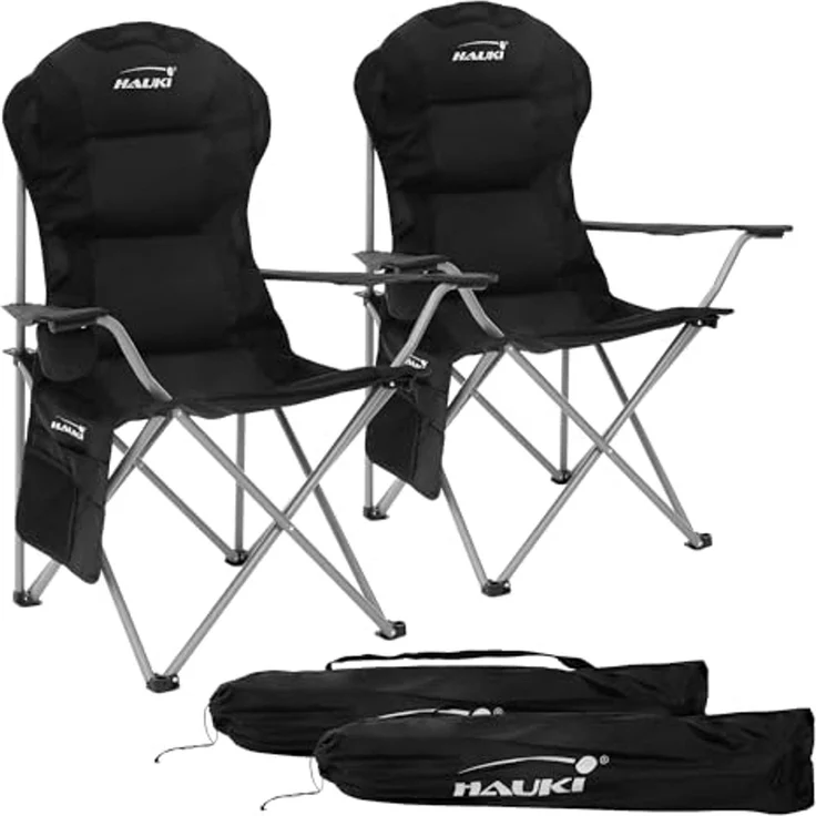 Hauki Campingstuhl Faltstühl faltbar mit Getränkehalter & Tragetasche bis 150kg (2 St), 2x Klappstuhl 56x95x110cm Schwarz Angelstuhl mit Hochlehner Gepolster – Bild 1
