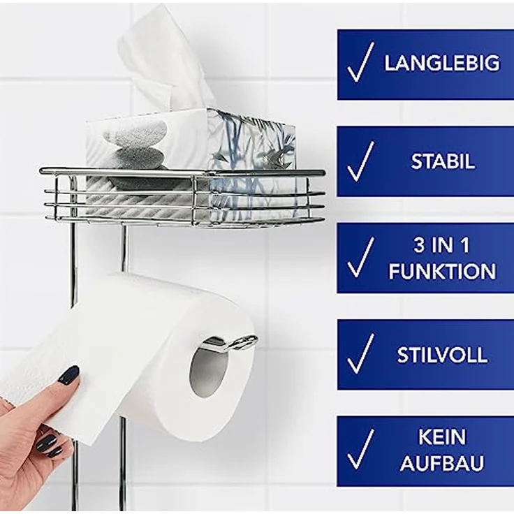 WENKO Toilettenpapierhalter, Chrom, mit Bevorrater und Ablage – Bild 6