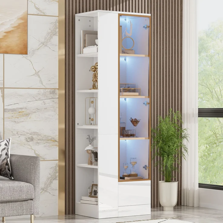 Vitrine mit Glastür & LED-Beleuchtung – Hochglanz-Schrank mit Schubladen & offenen Fächern, viel Stauraum für Wohnzimmer & Esszimmer, Weiß, 50x35x160 cm--Weiß--50x35x160cm--YOUDENOVA – Bild 3