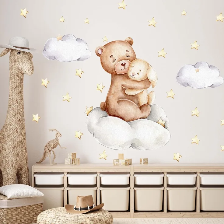 WANDKIND Wandtattoo Kinderzimmer Wandaufkleber / Bär und Hase Arm in Arm / V426, wieder ablösbar