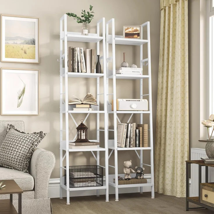 YITAHOME Bücherregal mit 5 Ebenen, industrielles Leiterregal, freistehendes Bücherregal, Holzregale und Metallrahmen, Bücherregal, modernes Regal für Wohnzimmer, Flur, Büro, reinweißes Bücherregal – Bild 4