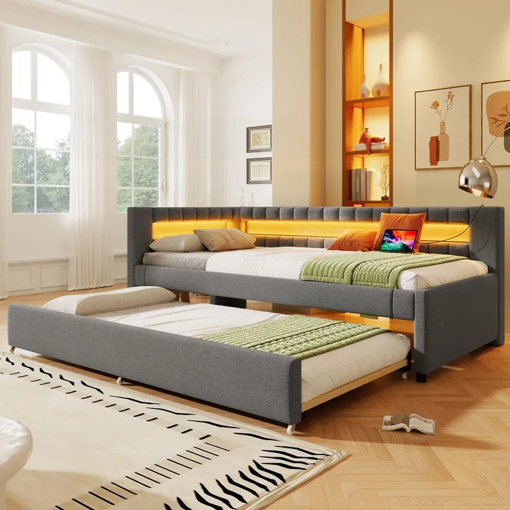 Daybett, Tagesbett Schlafsofa Bett mit LED-Fernbedienungslichtleiste am Bettende Bett mit Ausziehbett ohne Matratze USB + TYPE-C, Leinen, Grau, 90 x 200 cm