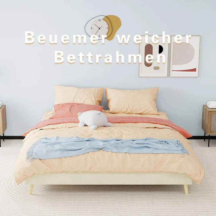 Novelux Modernes Bettgestell 160x200 cm Beige Samt - Plattformbett ohne Kopfteil, Minimalistisches Holzbett, Niedriges Bett für Modernes Schlafzimmer – Bild 4
