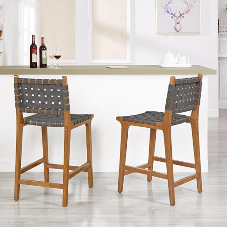 Ball & Cast Gewebter Tresen Barhocker mit Rückenlehne, Holz Küchenhocker mit PU-Ledersitz, Barhocker Stuhl mit Fußstütze für Esszimmer, dunkelgrau – Bild 3