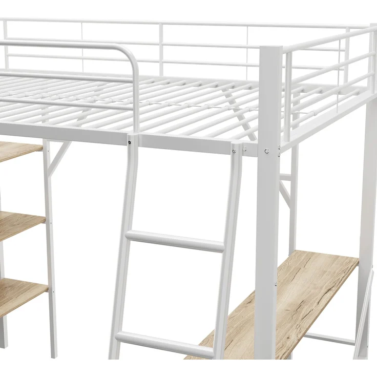 Weißes Metall-Hochbett 90x200cm mit Schreibtisch & 3 Ablagefächern, stabiler Stahlrahmen inkl. Lattenrost ohne Matratze – Bild 8