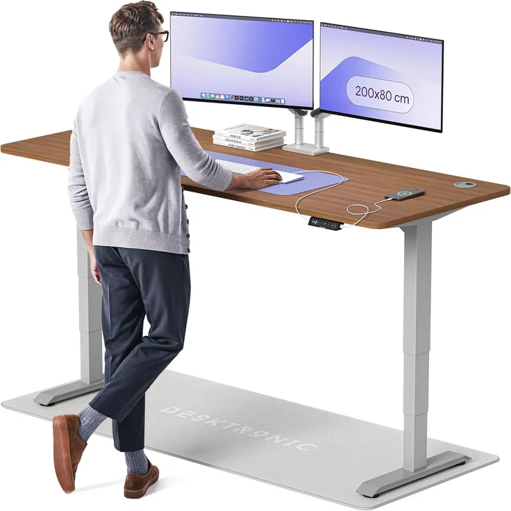 Desktronic HomePro Elektrisch höhenverstellbarer Schreibtisch 200x80cm Grau/Walnuss mit Memory-Funktion, Anti-Kollisions Technologie, USB-A und USB-C-Ladeanschlüssen