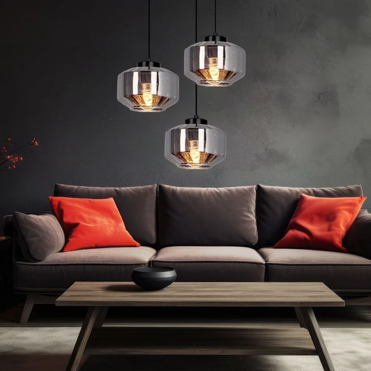 Hängeleuchte, 3-flammig, Metall Glas, schwarz rauch, H 120cm – Bild 3