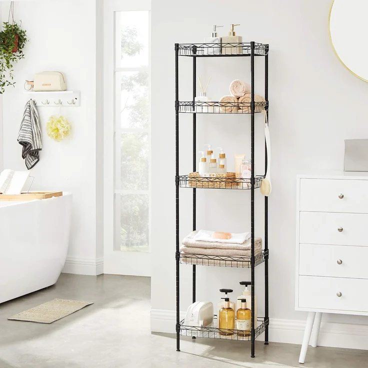 Songmics Küchenregal mit 5 Ebenen, Metallregal, Standregal, höhenverstellbare Gitterablage, mit PP-Kunststoffplatten, 4 S-Haken, für Küche, Wohnzimmer, bis zu 100 kg belastbar, schwarz LGR105B01 – Bild 3