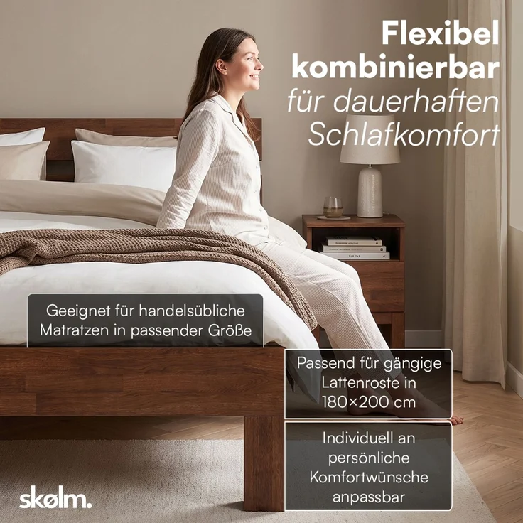 skølm 'Floki' Bett 180x200 cm, Bettgestell aus Eiche, Bettkopf 2 Streben, Massivholzbett lackiert, Walnuss Optik, geeignet als Doppelbett – Bild 6
