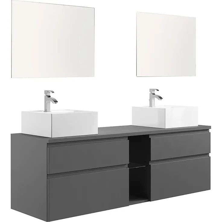 Vente-unique - Waschbeckenunterschrank hängend mit Doppelwaschbecken und Spiegeln - Grau - 150 cm - MAGDALENA II
