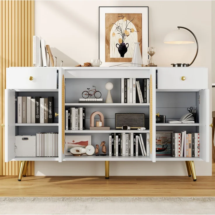 DESVIAE Sideboard mit 2 Schubladen und 4 Türen 140x82x35 cm Spanplatte Natur/Weiß – Bild 3