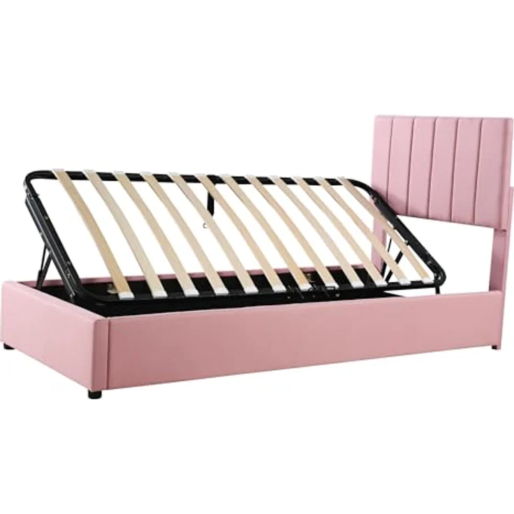 FAVSH Boxspringbett Einzelbett 90 x 200 cm - Hydraulisches Stauraumbett mit Lattenrost, Polsterbett mit Stauraum für Kinderbett Jugendbett mit Verstellbares Kopfteil, Leinen (Rosa) – Bild 5