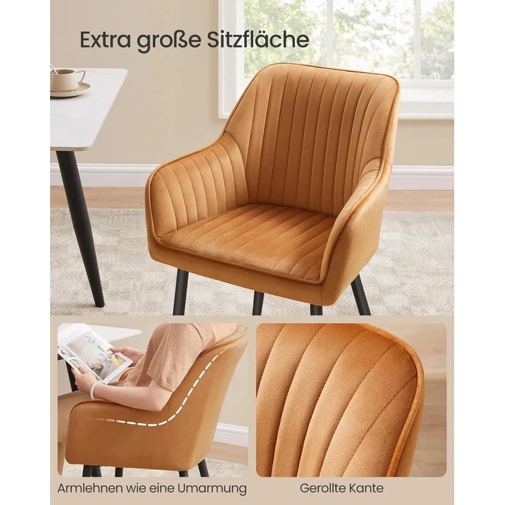 SONGMICS Esszimmerstuhl, Küchenstuhl, Sessel, Samt, Polsterstuhl mit Armlehnen, Loungesessel, bis 120 kg belastbar, Metallbeine, für Esszimmer, Küche, karamellbraun-tintenschwarz LDC087K01 – Bild 5