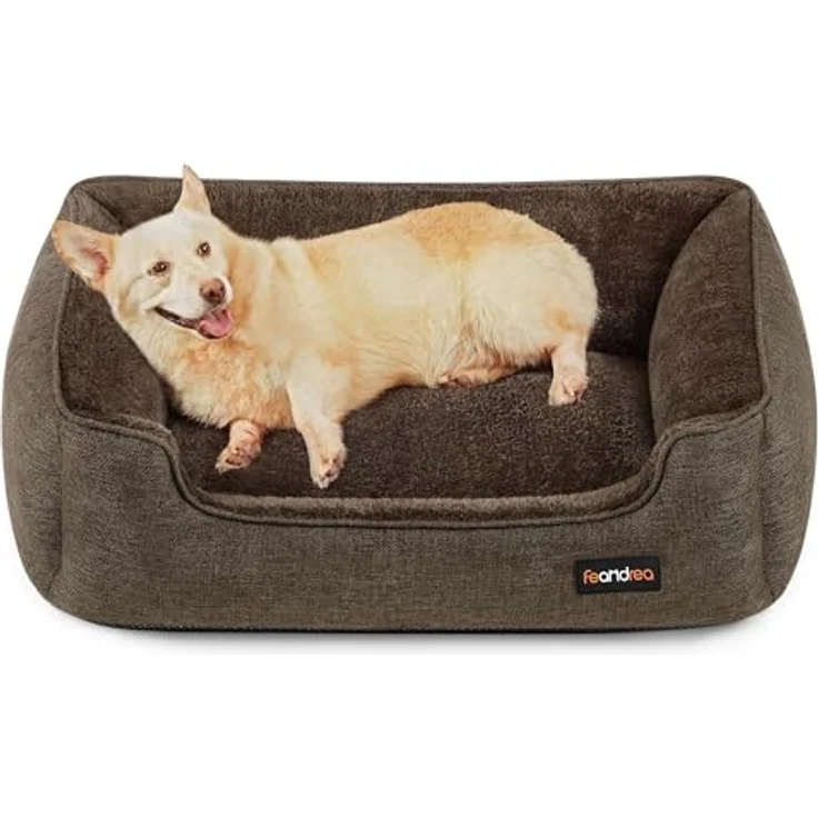 Feandrea Hundebett, Hundekissen in Leinenoptik, Hundekorb, erhöhte Ränder, rutschfeste Unterseite, Bezug abnehmbar waschbar, L, für mittelgroße Hunde, 90 x 75 x 25 cm, braun PGW11CC – Bild 2