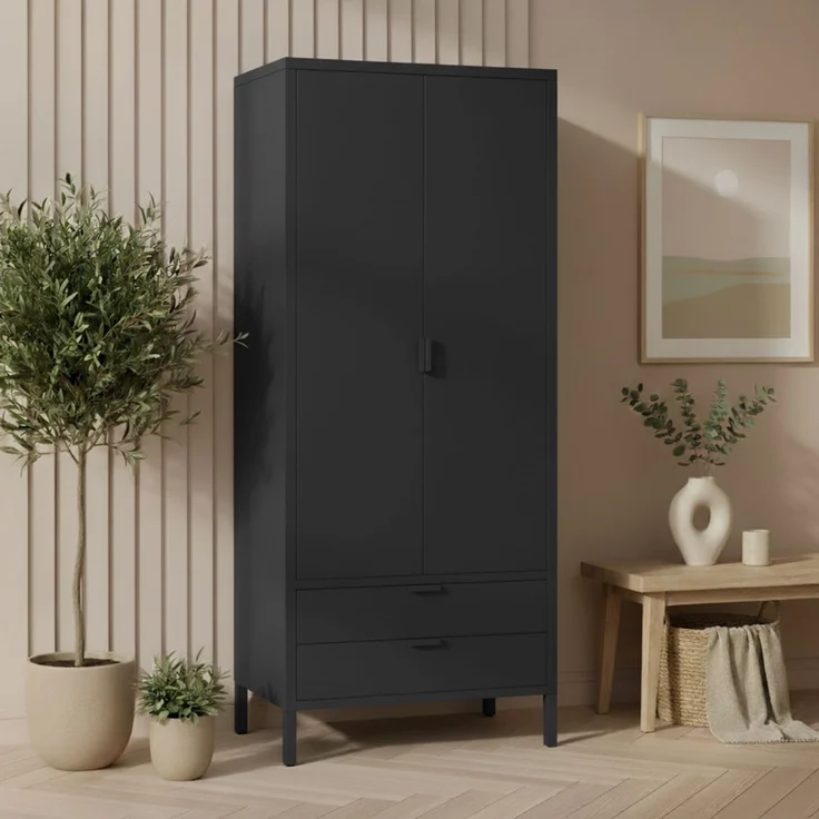 skølm 'Ituri' Kleiderschrank mit 2 Schubladen, Metall, 170x45x80 cm, schwarz, Garderobe mit 4 Fächern und 2 Kleiderstangen – Bild 8
