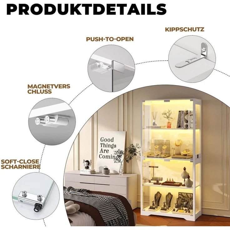 Glasvitrine 80x35x165 cm, 4-stöckige Vitrine mit LED-Beleuchtung, Bewegungssensor und Pop-up-Glastüren, Weiß – Bild 6