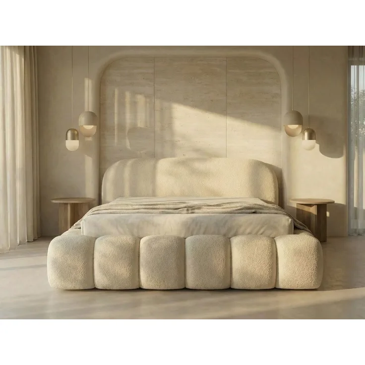 yourhouse24 Polsterbett Orlando Slim Bouclé kompaktes Wolkenbett mit Bettkasten, Bubble-Optik & Japandi