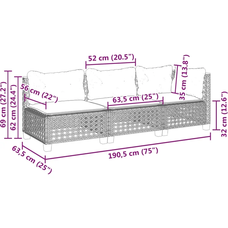 vidaXL Gartensofa mit Kissen 3-Sitzer Grau Poly Rattan 365942 – Bild 7