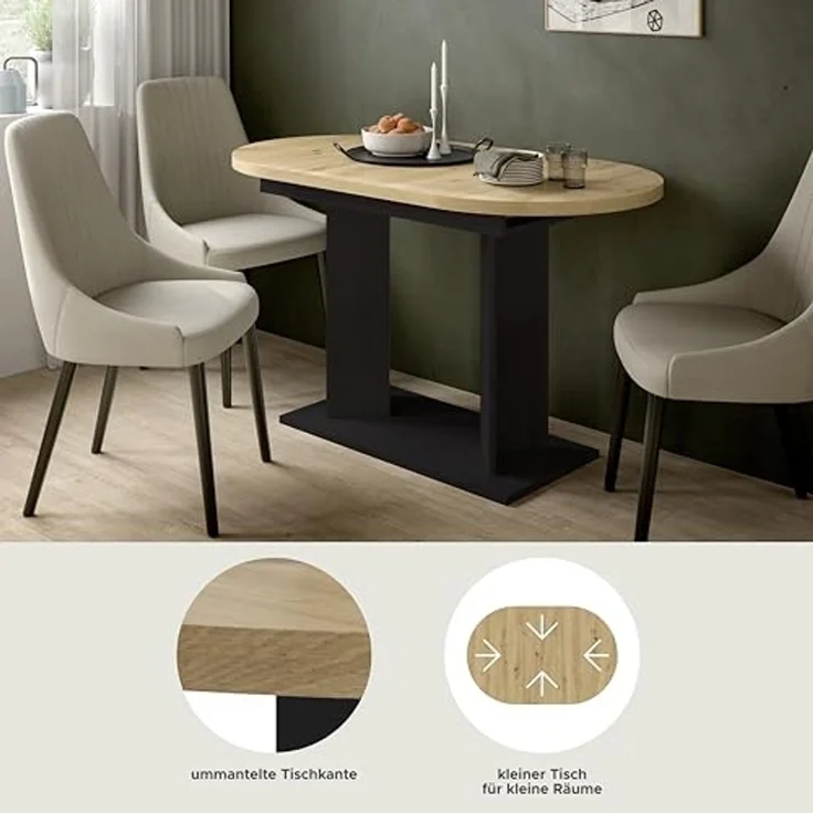 xonox. home – Esstisch Gustav 130-170x76x70 cm in Artisan Eiche Nachbildung und Schwarz – Ausziehbarer Tisch mit Doppelsäule – variabel anpassbar, ummantelte Kanten & einfache Montage mit Anleitung – Bild 7
