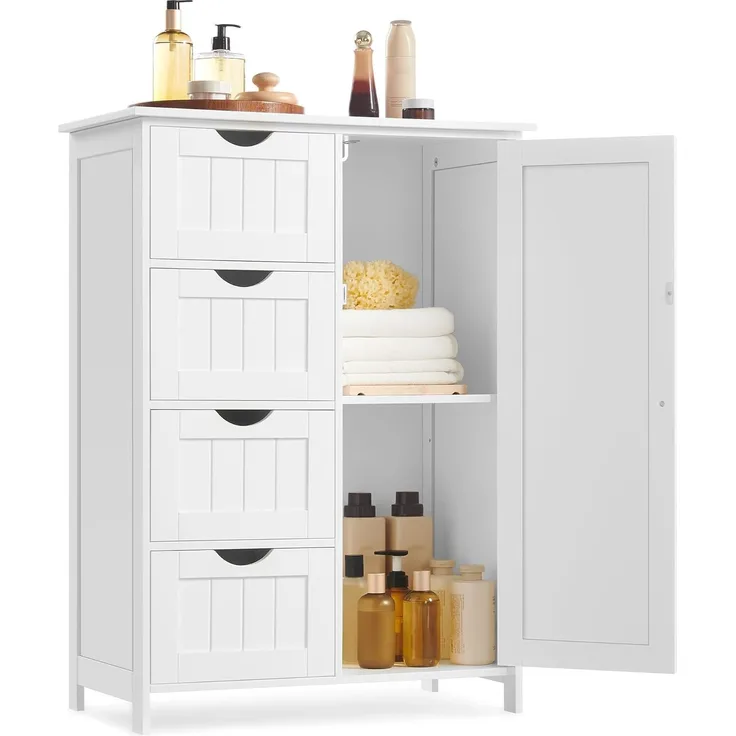 Vasagle Badezimmerschrank, schmaler Badschrank, Beistellschrank, Kommode, mit Schubladen, Schranktür, verstellbare Ablage, x x cm,, Weiß, 4