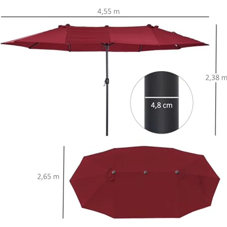 Outsunny Doppel-Sonnenschirm, Weinrot, Metall, 270x460 cm, stabiler Sonnen- & Sichtschutz mit Handkurbel – Bild 7