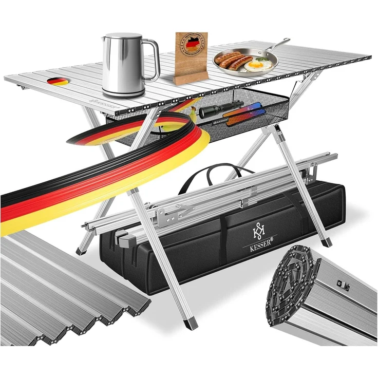 KESSER® Campingtisch, faltbar mit Aluminiumrahmen, Aufrollbare Tischplatte, bis 100kg, inkl. Tragetasche mit Trageband & Netztasche Silber, 145x70x70cm