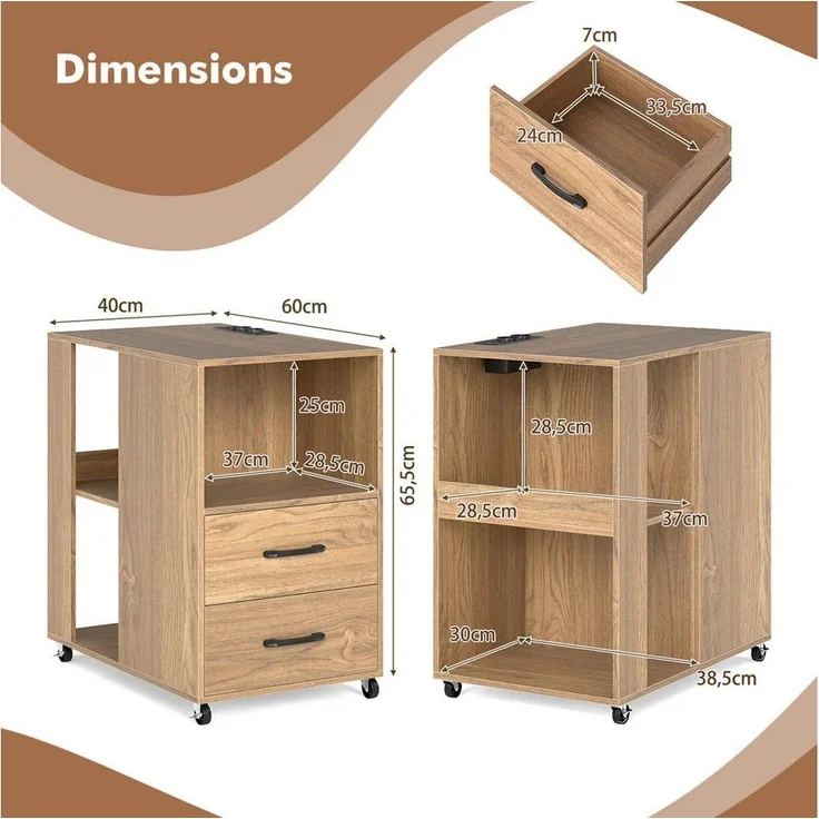 COSTWAY Beistelltisch, Nachttsich mit Ladestation & Rollen, 2 Schubladen – Bild 2