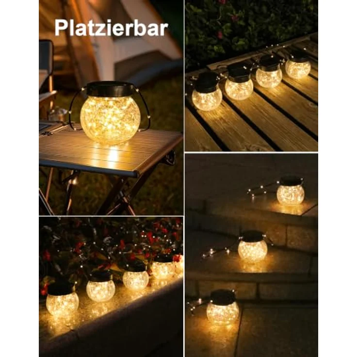 ROTTOGOON 6 Stück Solarlampen für Außen Hängend, Rissmuster Glaskugeln | Dekorative Hängend Solarbeleuchtung mit Griff, IP65 wasserdicht, Solarleuchten für Weihnachtsdekoration, Balkon, Terrasse – Bild 6