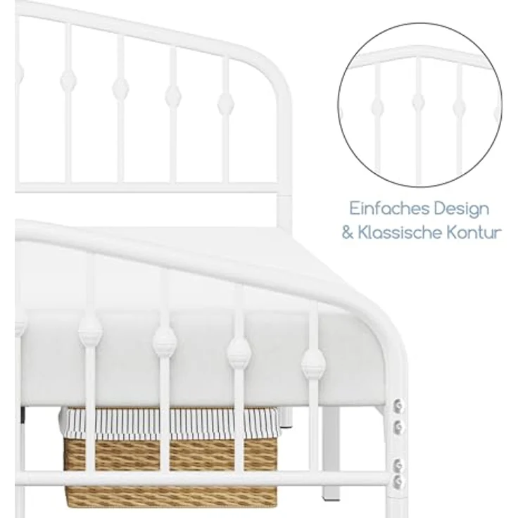 Yaheetech Bettrahmen 140 x 200 cm, Vintage Metallbett mit kronenförmigem Kopfteil, Stabiles Bettgestell Doppelbett aus Metall, Robust & Leichte Montage Gästebett Jugendbett Tagesbett, Weiß – Bild 7